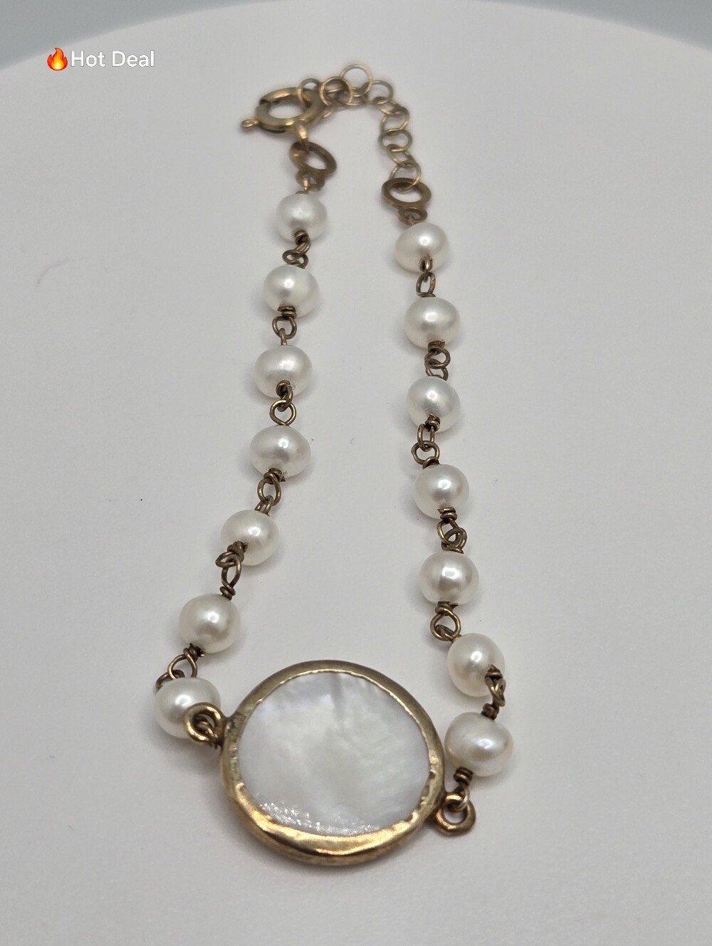 Mother of Pearl & Cultured Pearl Bracelet Gold Plated 925 Sterling Silver 7–8"